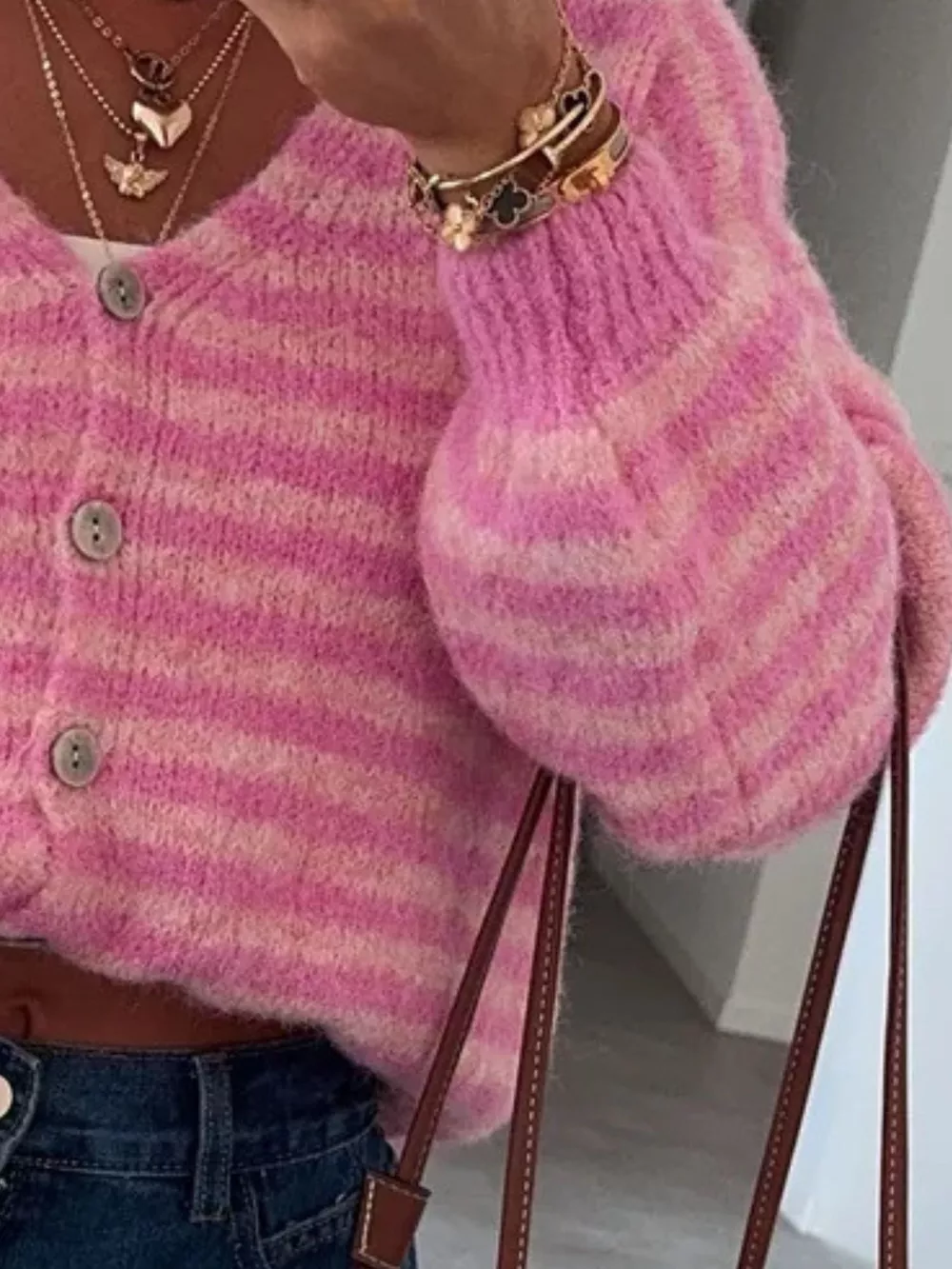 Striped Knit Button-Down Cardigan, image 3