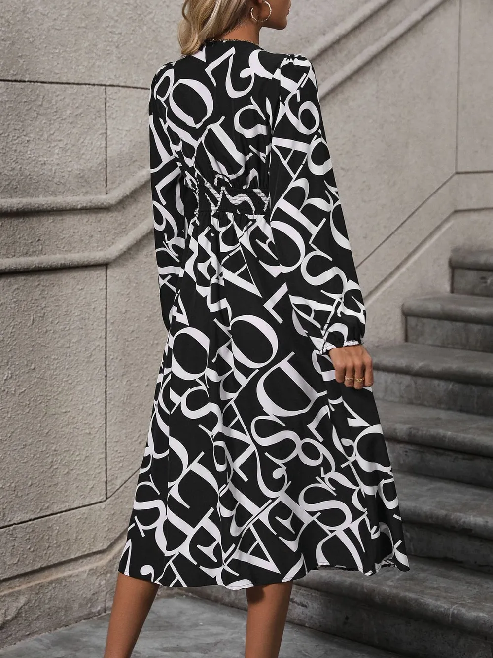 Printed V-Neck Long Sleeve Midi Dress, image 4