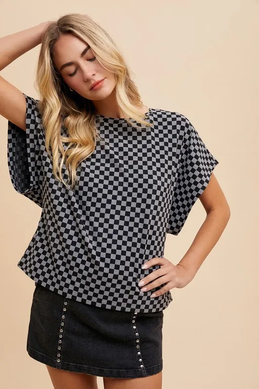 Checkered Round Neck Short Sleeve T-Shirt, image 2
