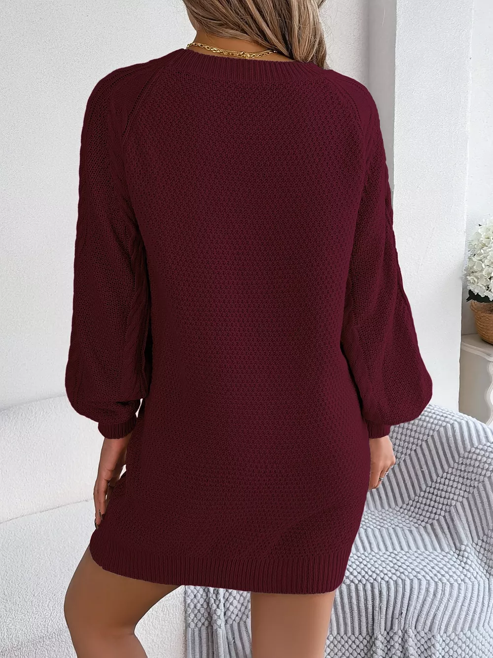 Diamond Cable Knit Sweater Dress with Long Sleeves, image 11