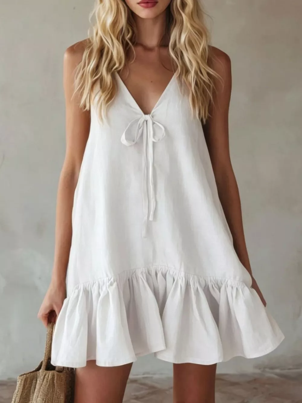 V-Neck Tie Front Ruffle Hem Mini Dress, image 6