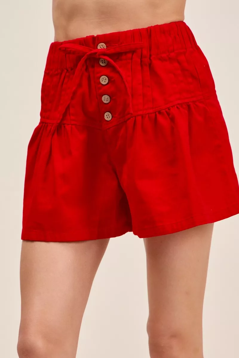Solid Twill Denim Pintucked Buttoned Shorts With Waist Tie