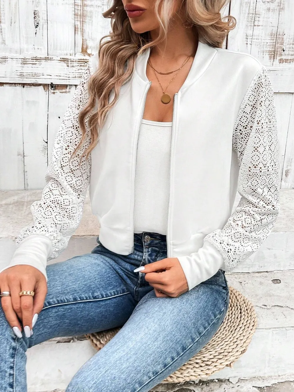 Baseball Collar Lace Patchwork Long Sleeve Jacket, image 3
