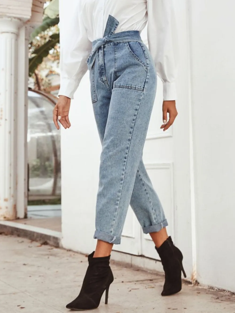 Tied Straight Leg Jeans with Pockets, image 4