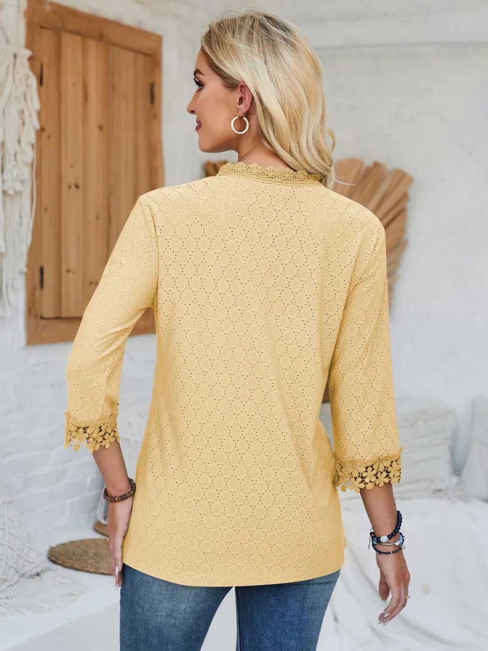 Lace Detail V-Neck Three-Quarter Sleeve Blouse, image 28