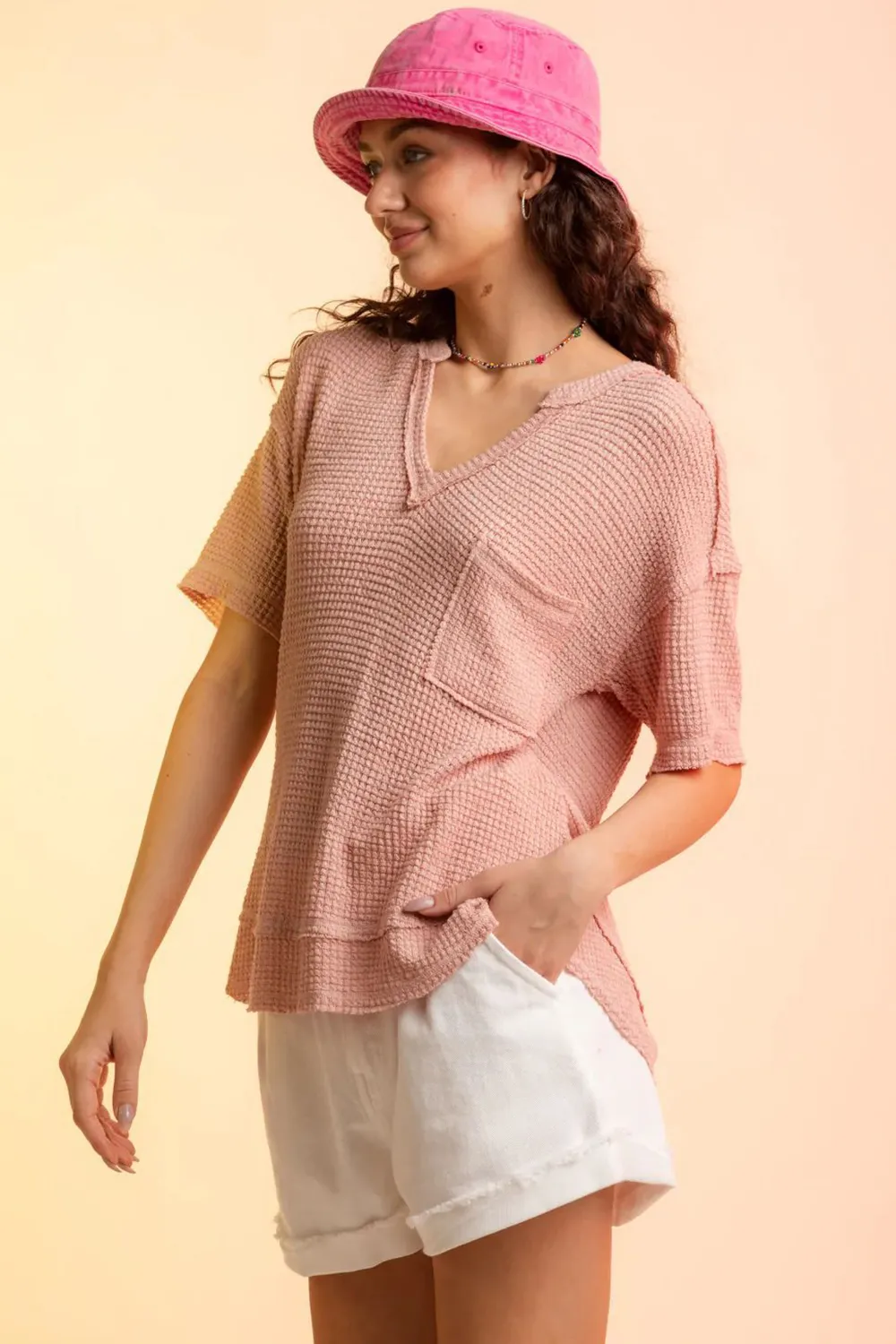 Waffle-Knit Notched Half Sleeve T-Shirt, image 6