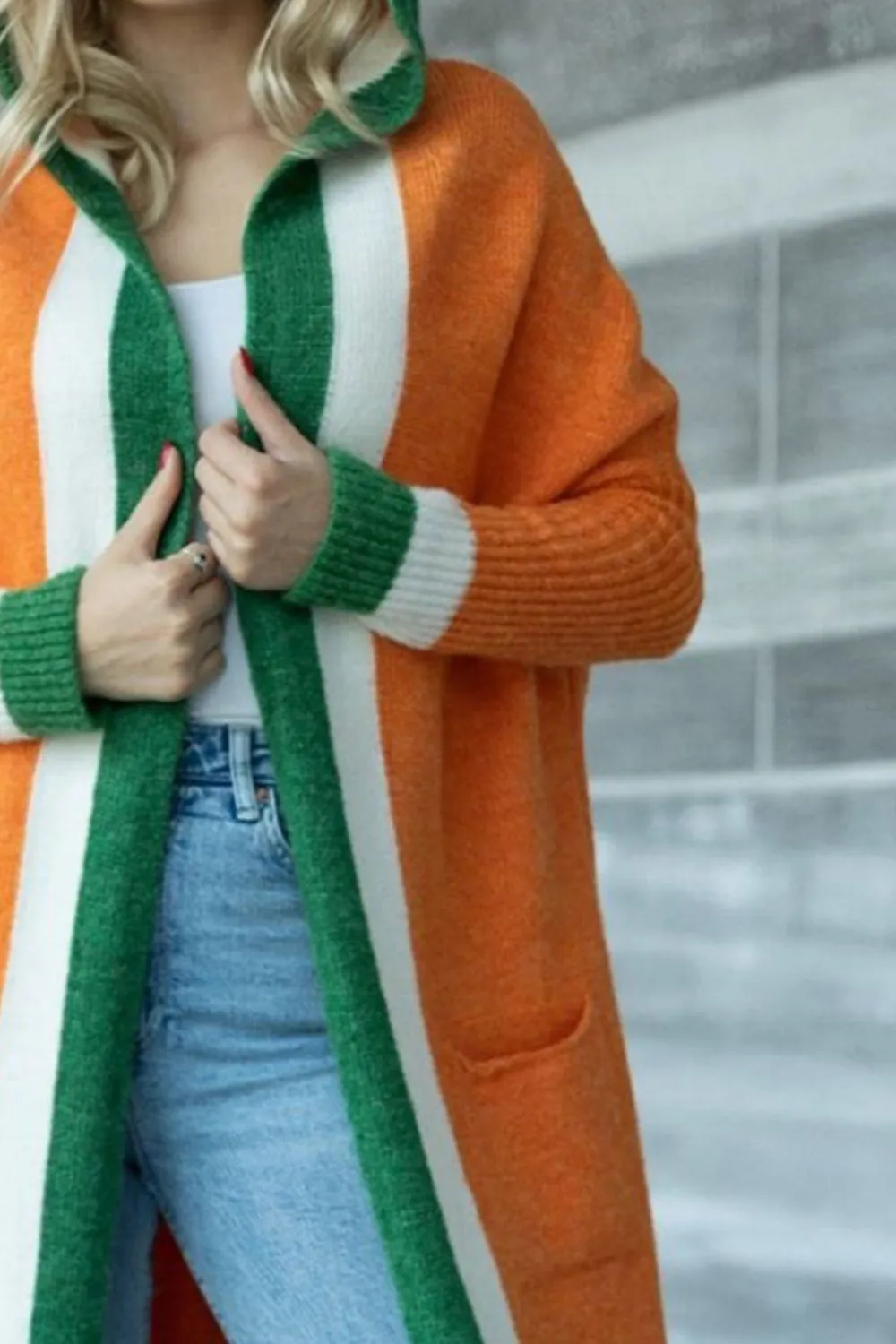 Pocketed Contrast Long Sleeve Hooded Cardigan, image 15
