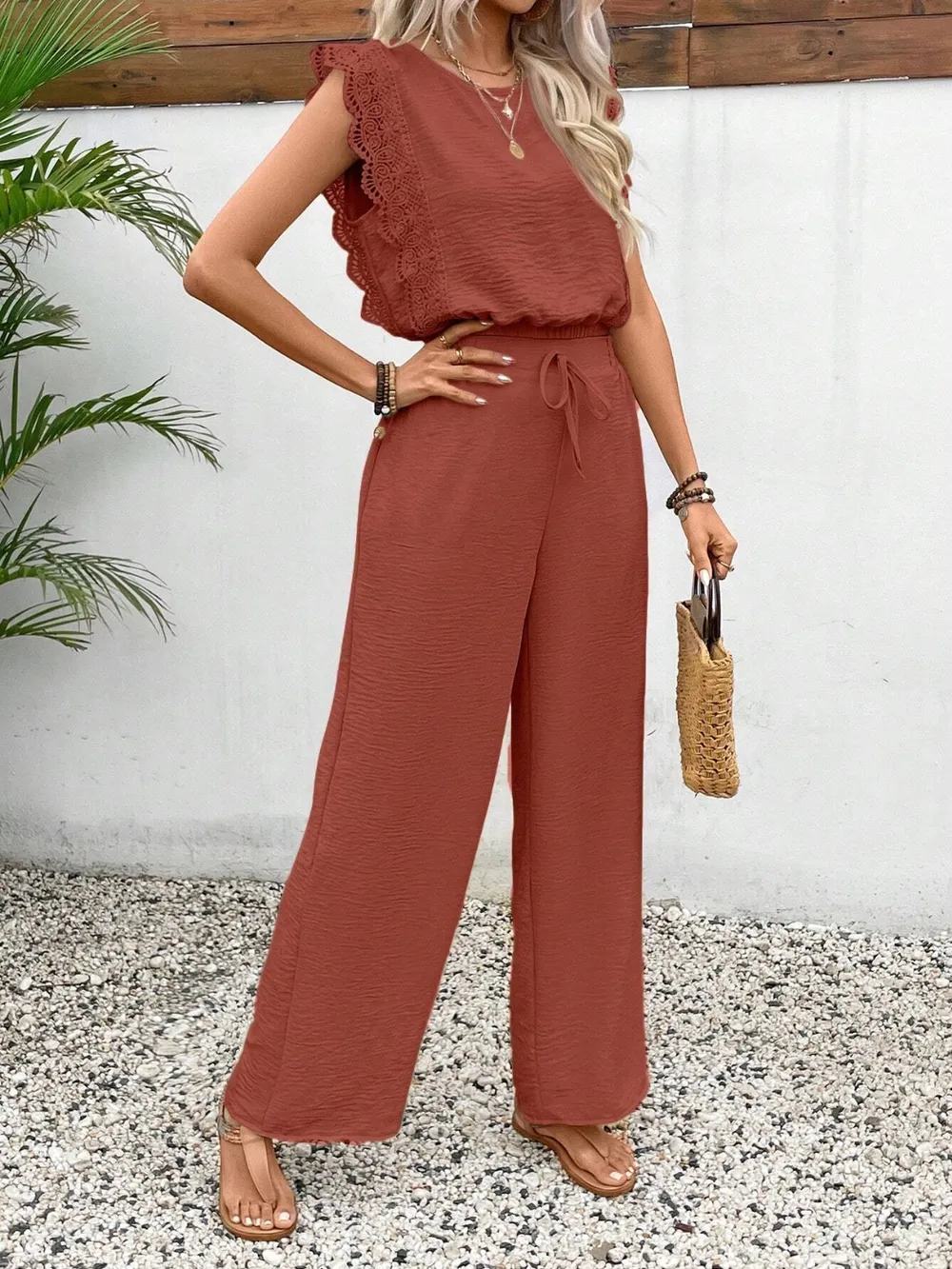 Lace Trim Round Neck Top and Pants Set, image 12