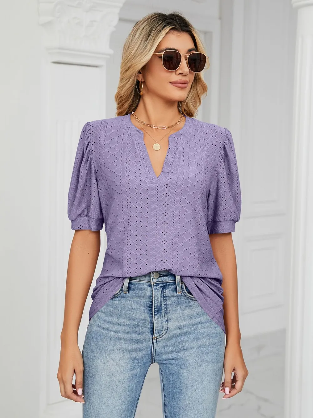 Eyelet Notched Short Sleeve T-Shirt, image 17
