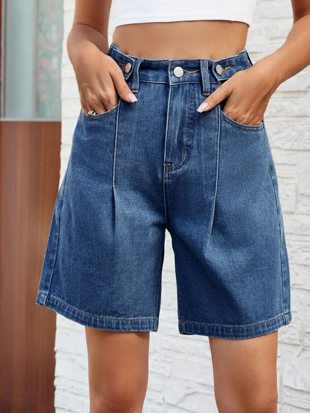High Waist Denim Shorts with Pockets, image 4