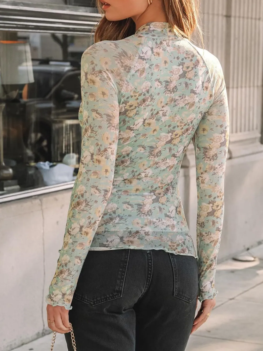 Floral Mock Neck Long Sleeve T-Shirt, image 28