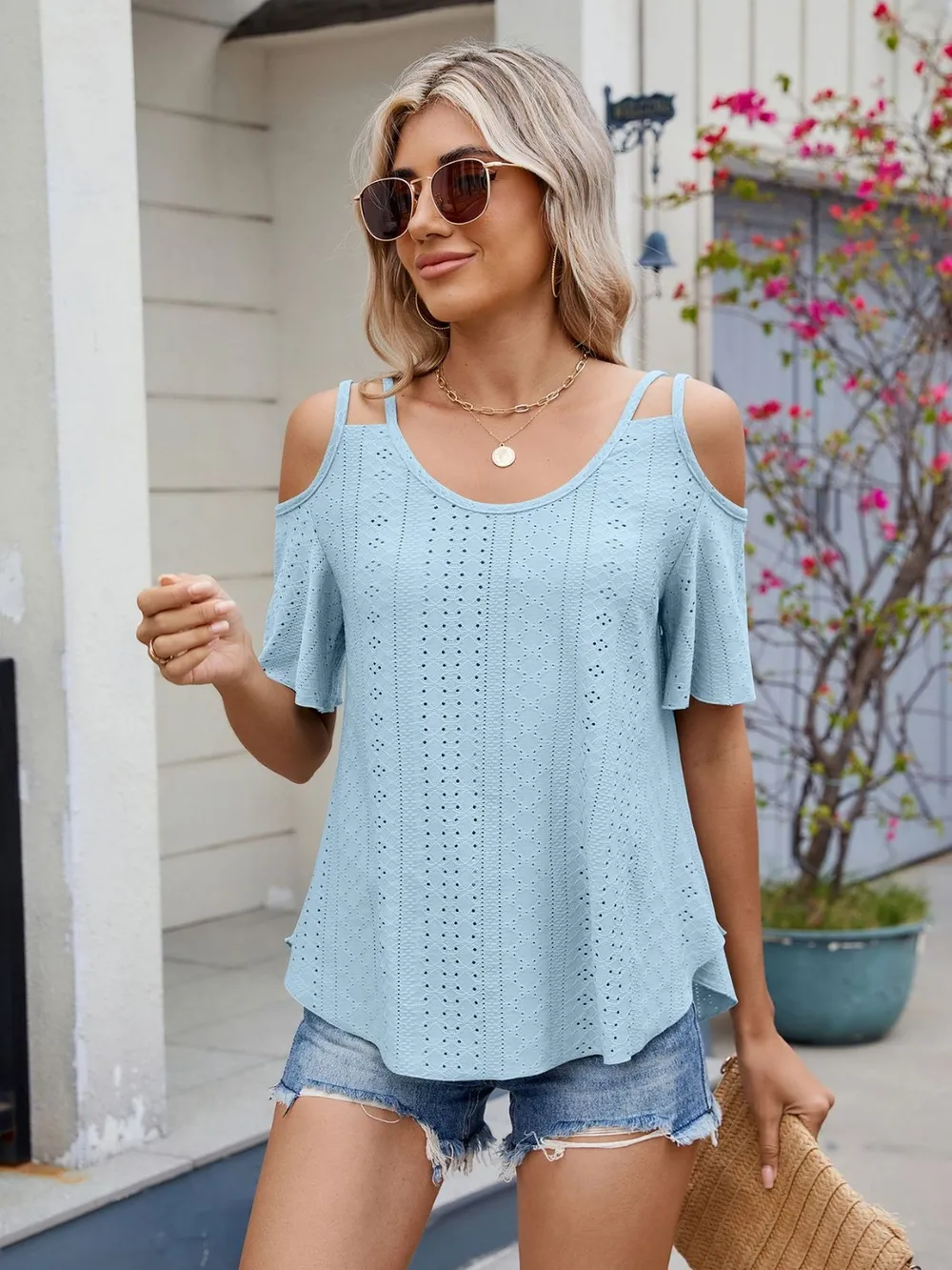 Round Neck Cold Shoulder Eyelet T-Shirt, image 7
