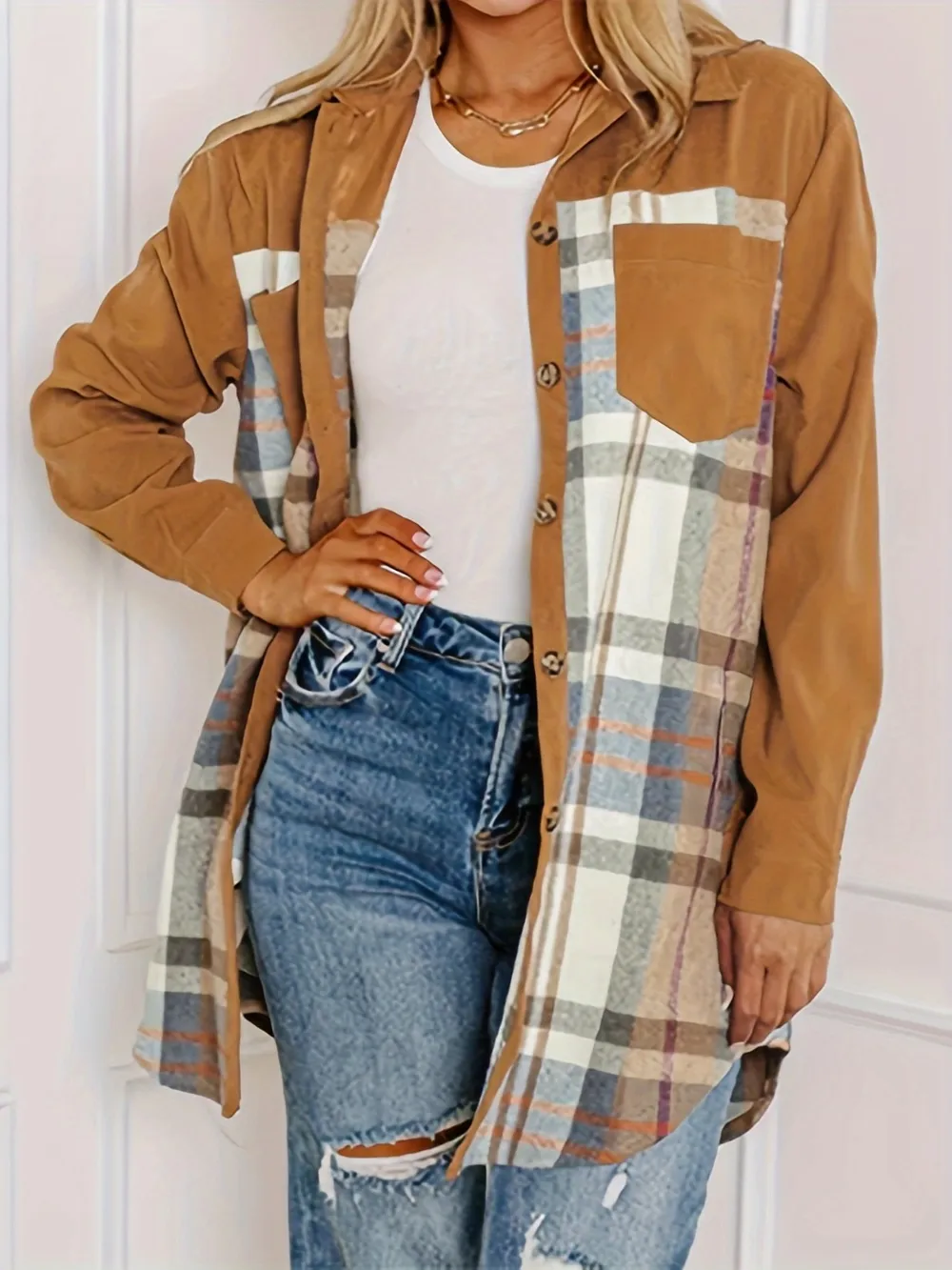 Plaid Collared Neck Long Sleeve Jacket, image 3