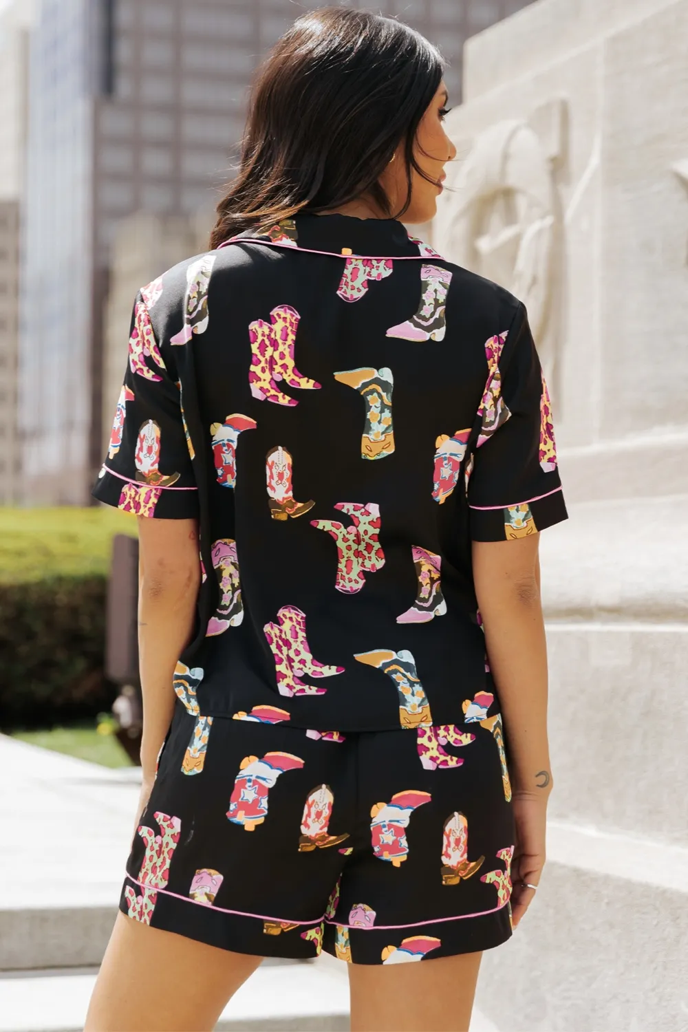Printed Button Up Short Sleeve Top and Shorts Lounge Set, image 2