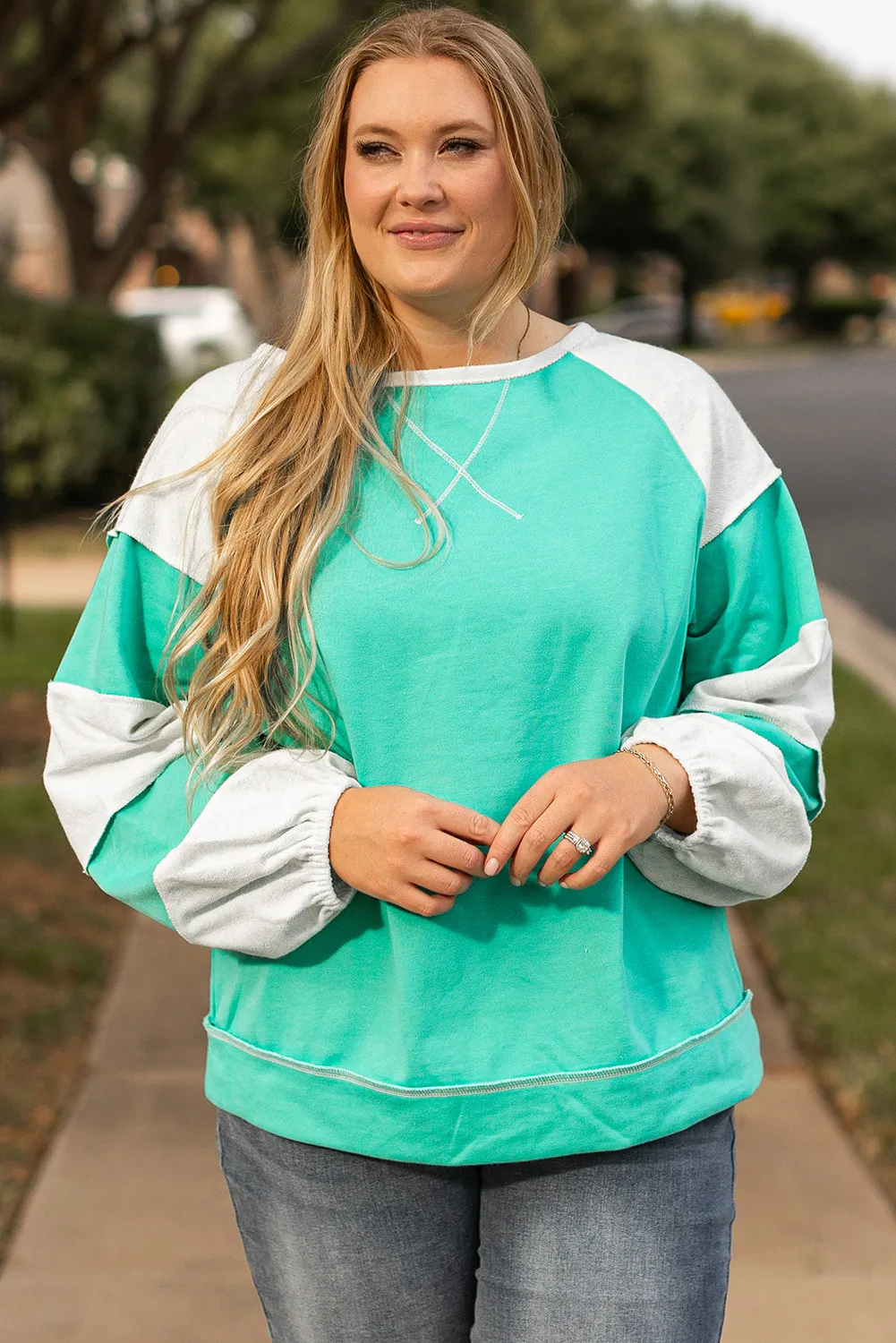 Plus Size Exposed Seam Color Block Long Sleeve Sweatshirt, image 2