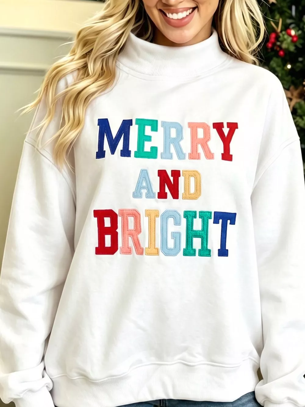 MERRY AND BRIGHT Stitched Letter Pattern Mock Neck Sweatshirt, image 3