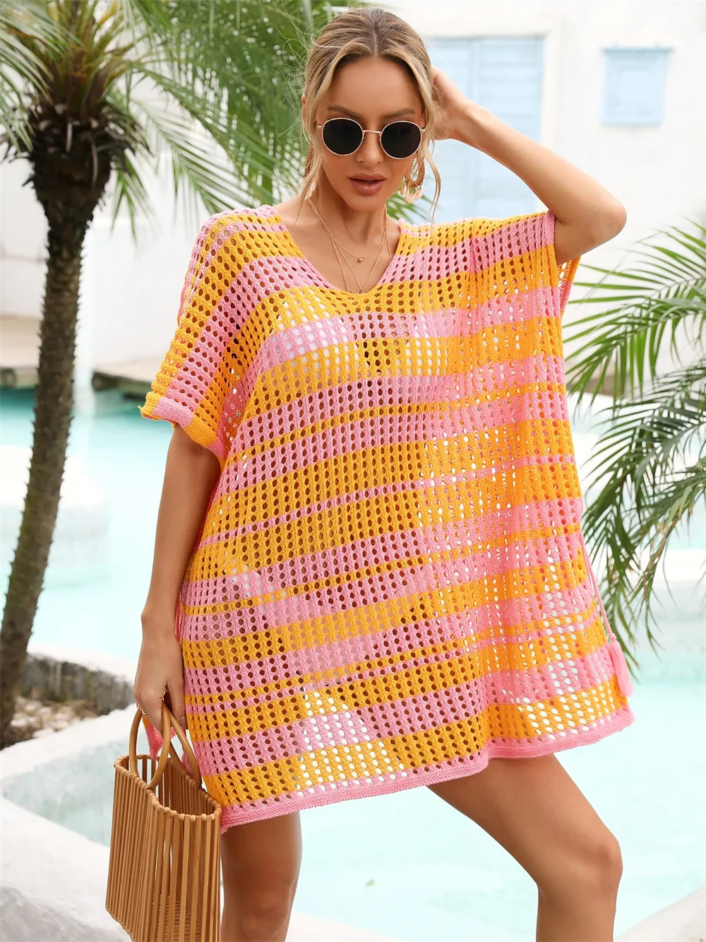 Tassel Openwork Striped V-Neck Cover Up, image 21