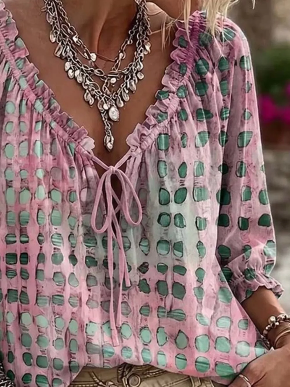 Full Size Tie Neck 3/4 Sleeve Blouse Plus Size, image 4