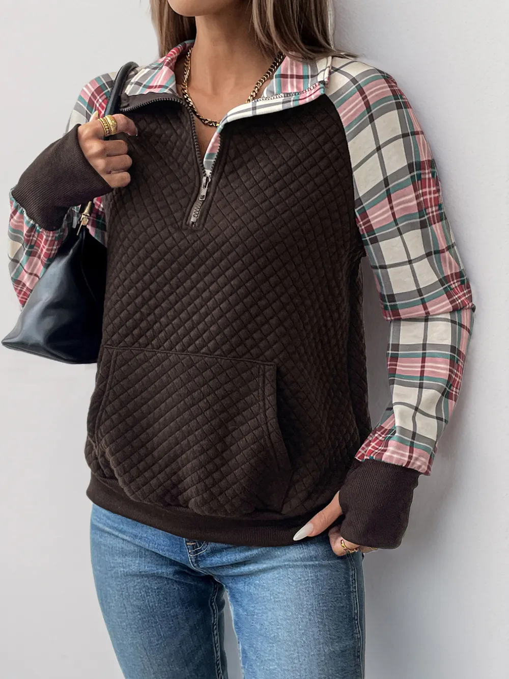 Plaid Half Zip Long Sleeve Sweatshirt, image 3