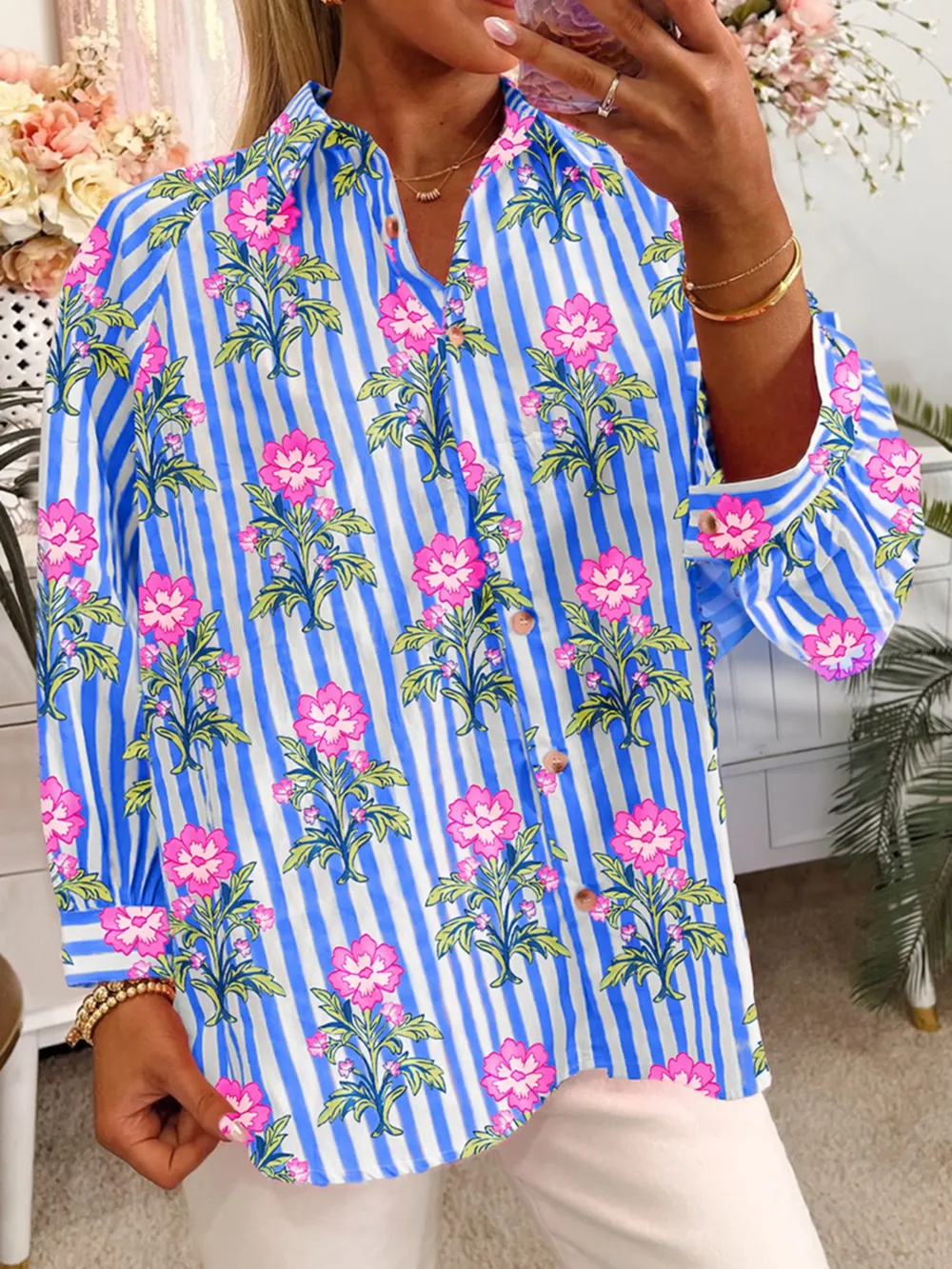 Floral Striped Button-Down Shirt, image 2