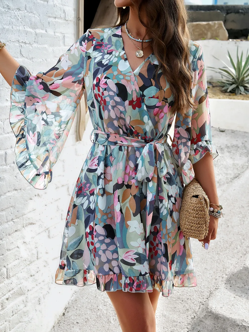 Ruffled Printed Surplice Half Sleeve Mini Dress, image 12