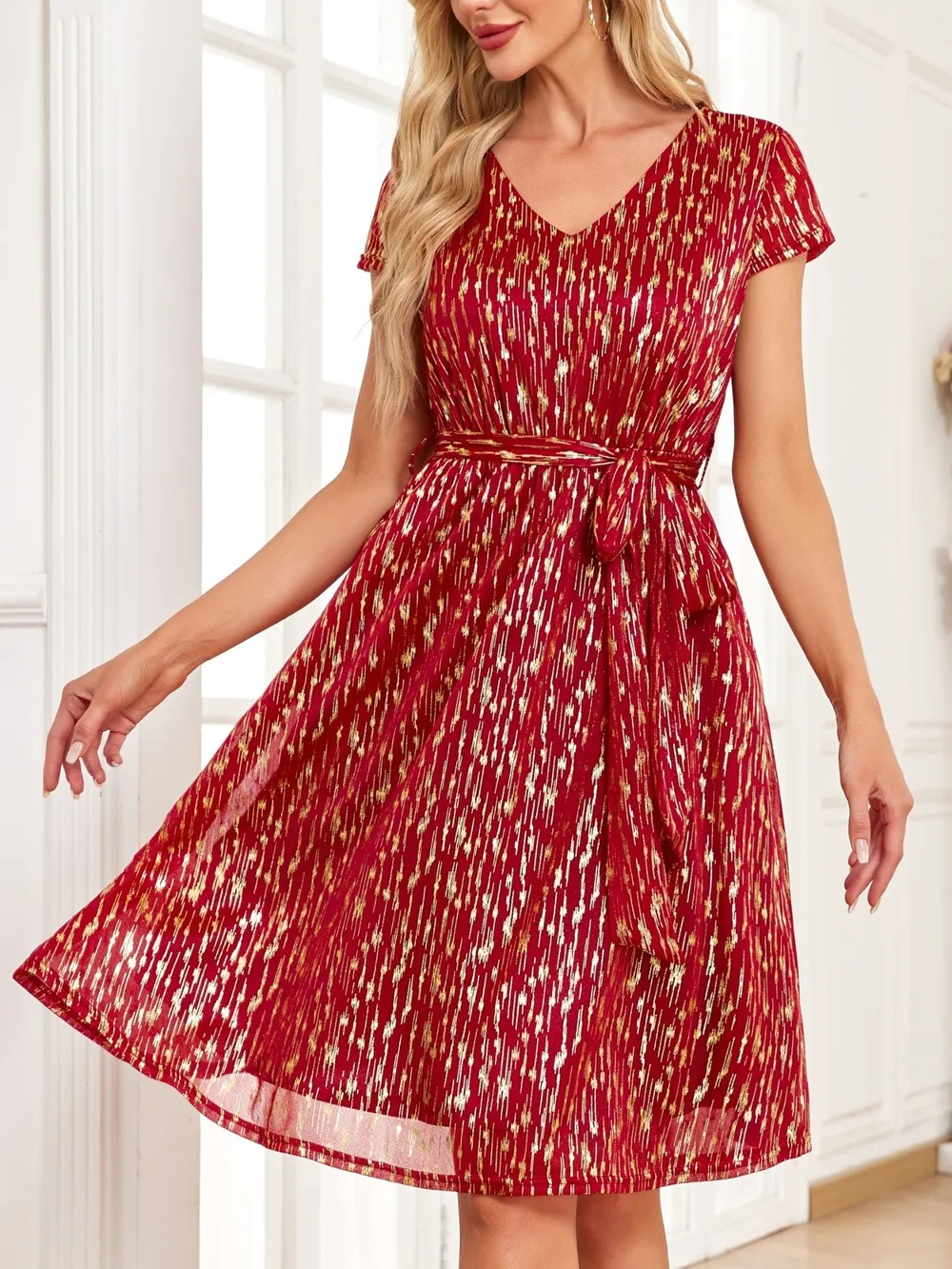 V-Neck Metallic Print Dress, image 3