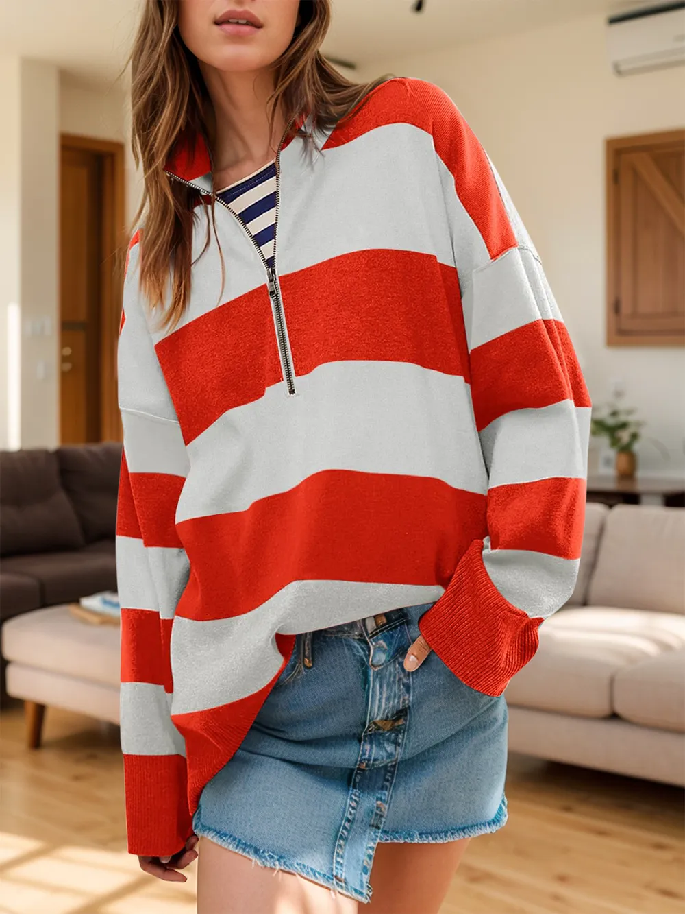 Color Block Half Zip Long Sleeve Sweater, image 10
