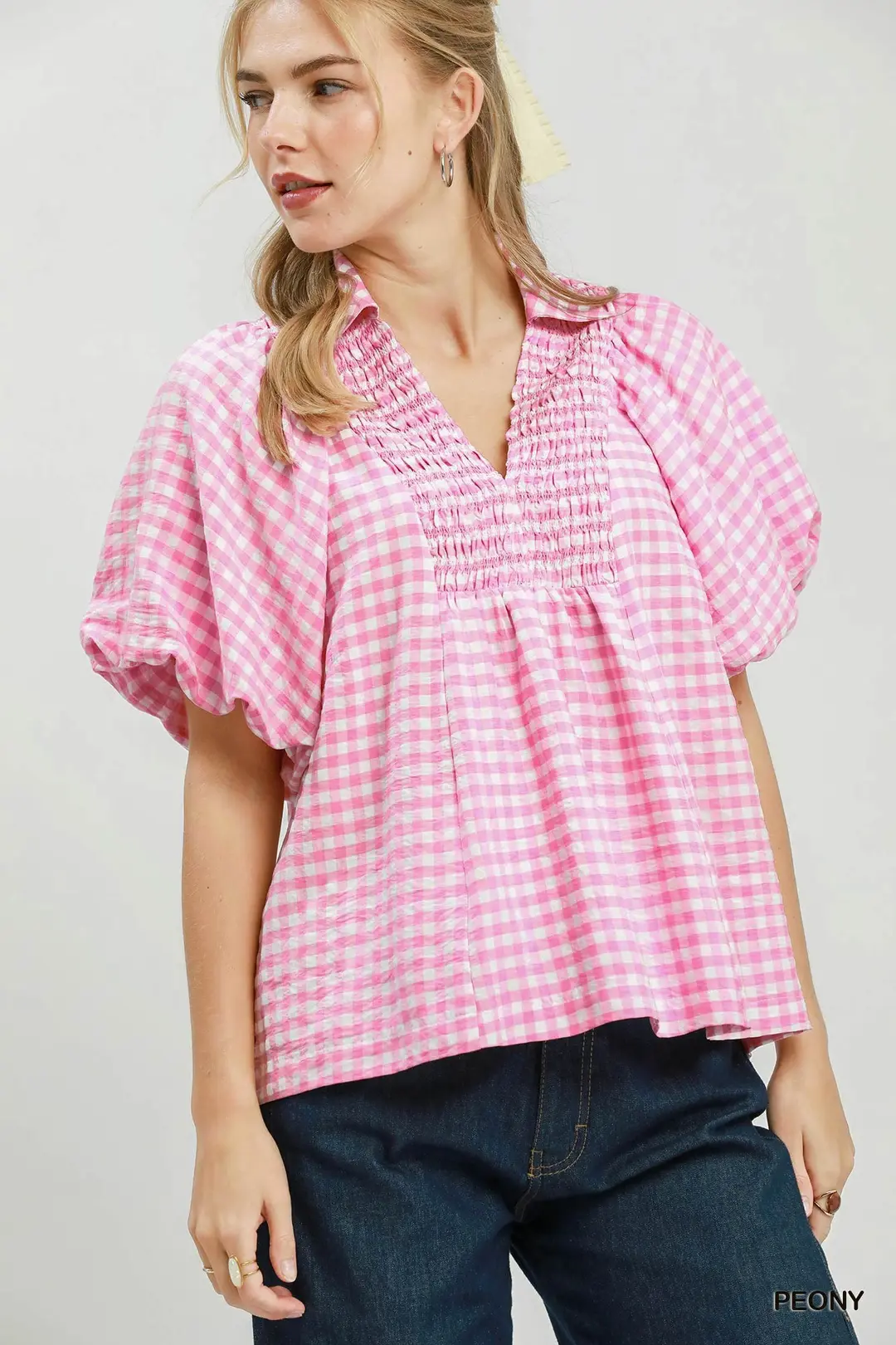 Smocked Yoke Puff Sleeve Gingham Blouse