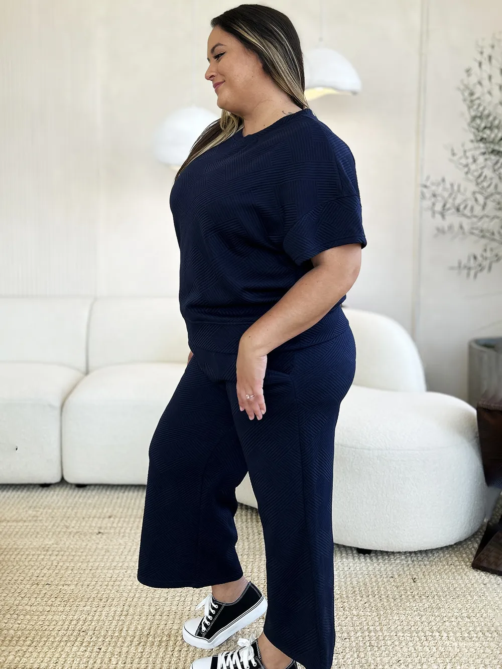 Full Size Texture Short Sleeve Top and Pants Set, image 12