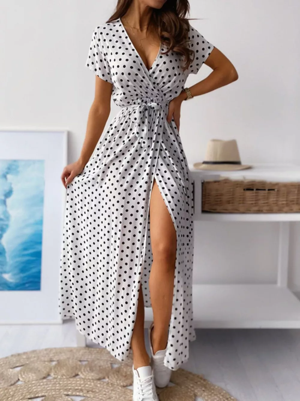 Polka Dot Surplice Maxi Dress with Slit, image 5