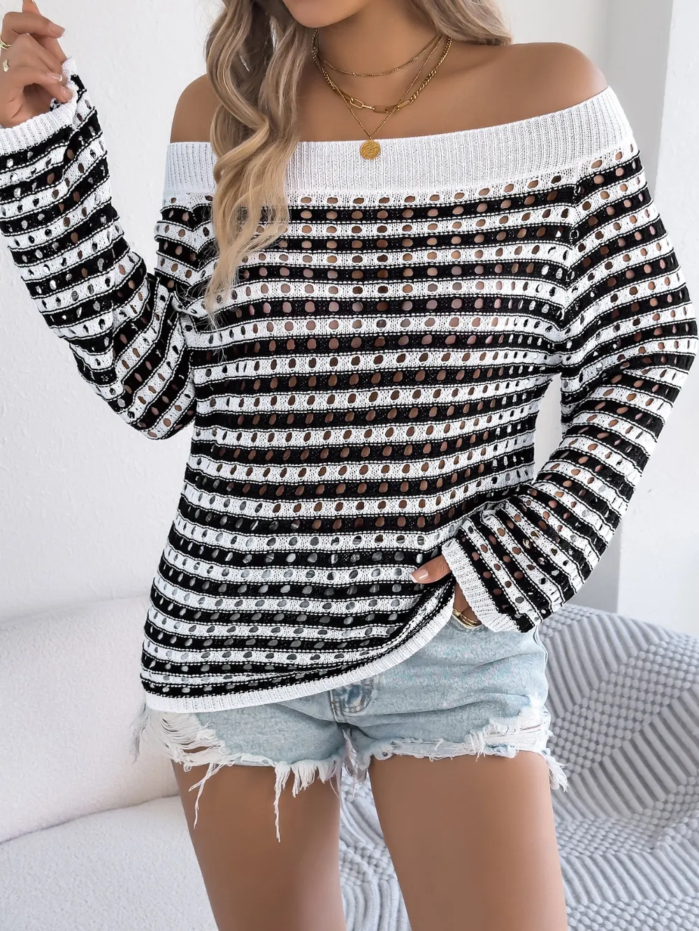 Openwork Striped Off-Shoulder Knit Top, image 12