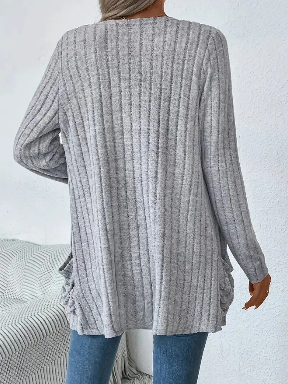 Ribbed Open Front Long Sleeve Cardigan with Pockets, image 2