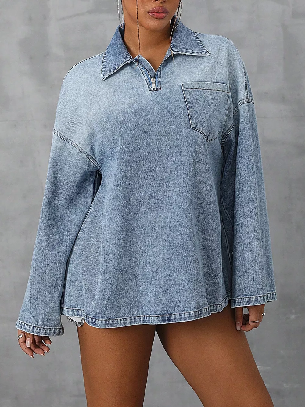 Collared Neck Drop Shoulder Denim Top, image 3