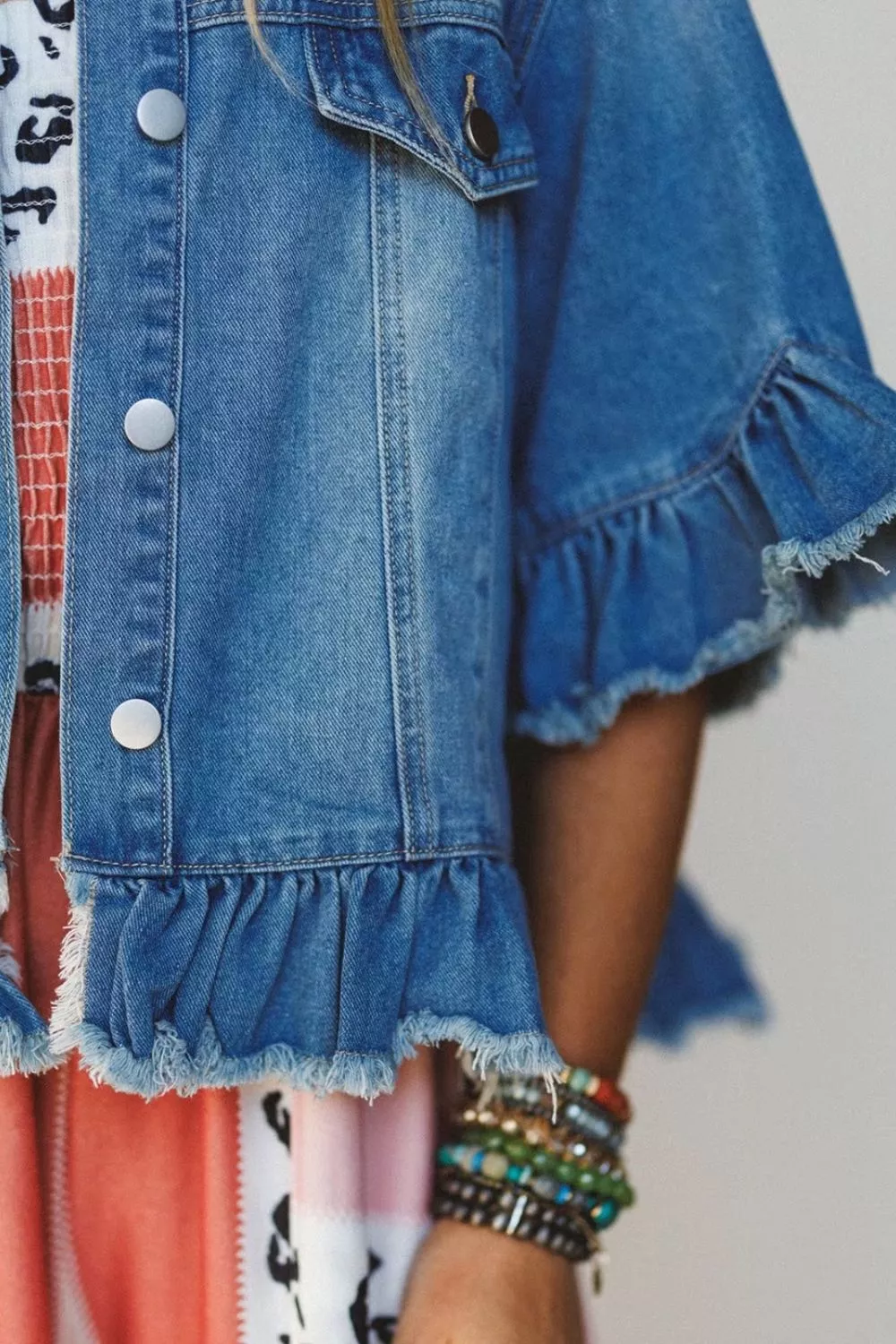 Ruffle Hem Raw Edge Half Sleeve Western Denim Jacket, image 7