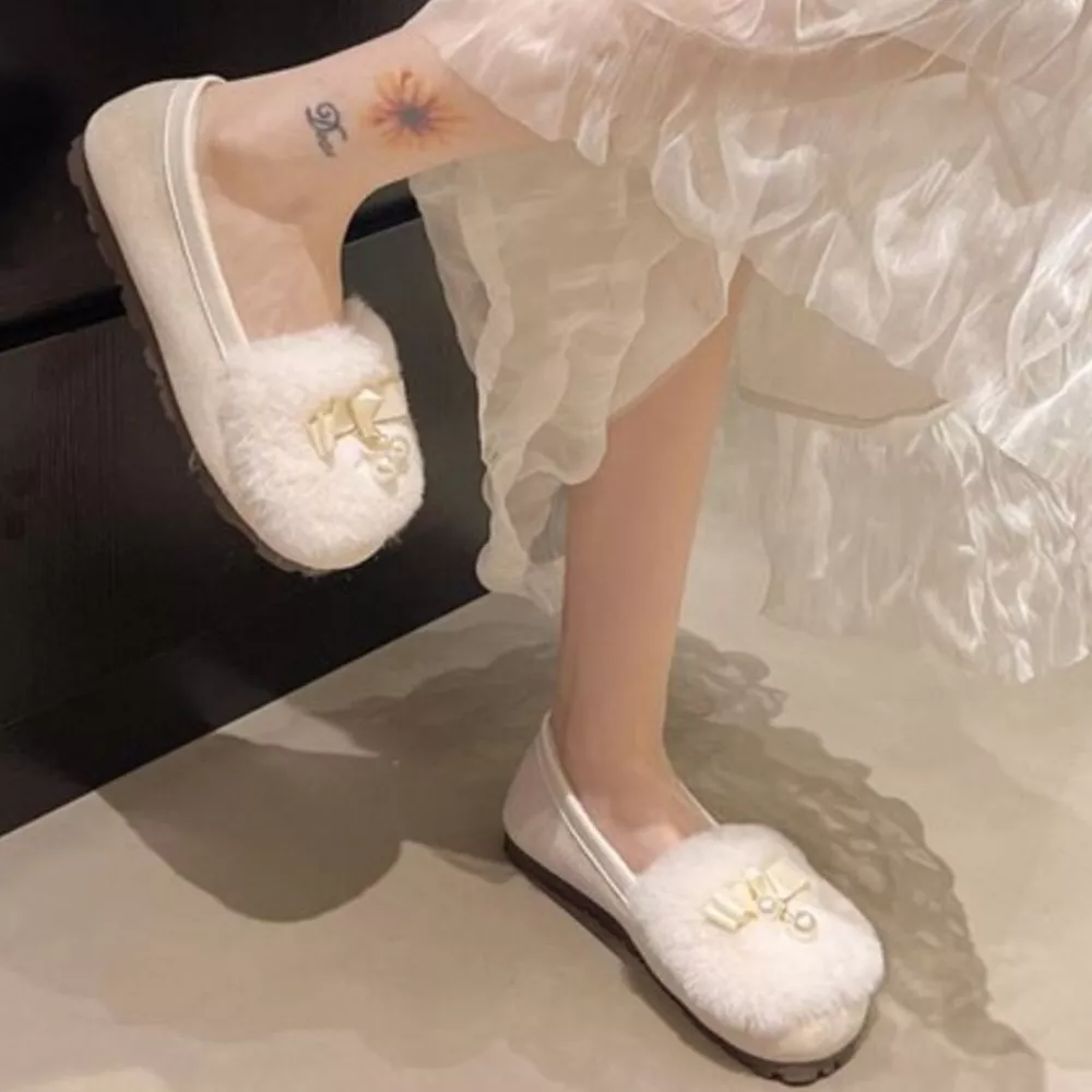 Fuzzy Pearl Bowknot Slip-Ons, image 3