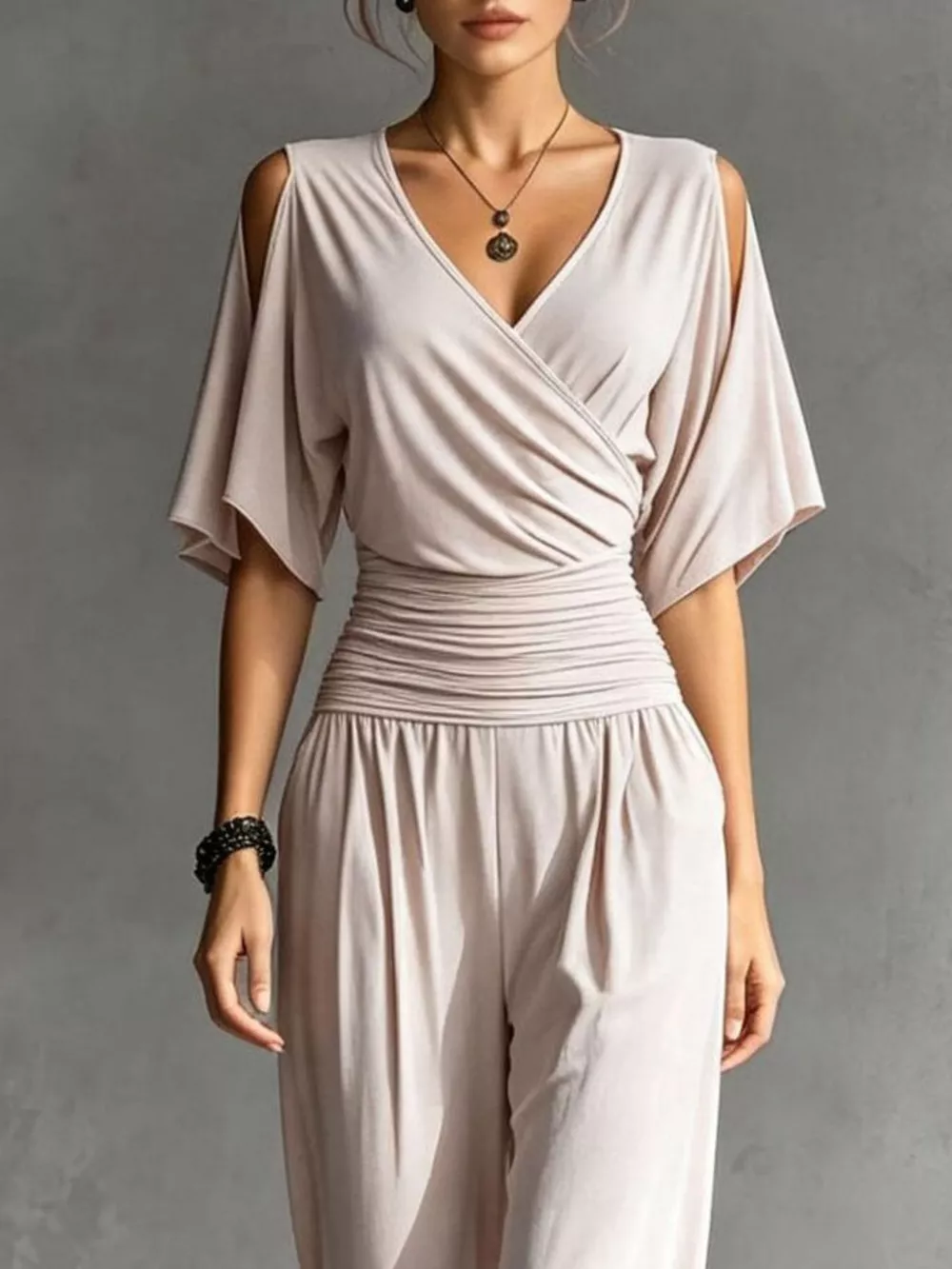 Cold Shoulder Ruched Waist Wide-Leg Jumpsuit, image 3