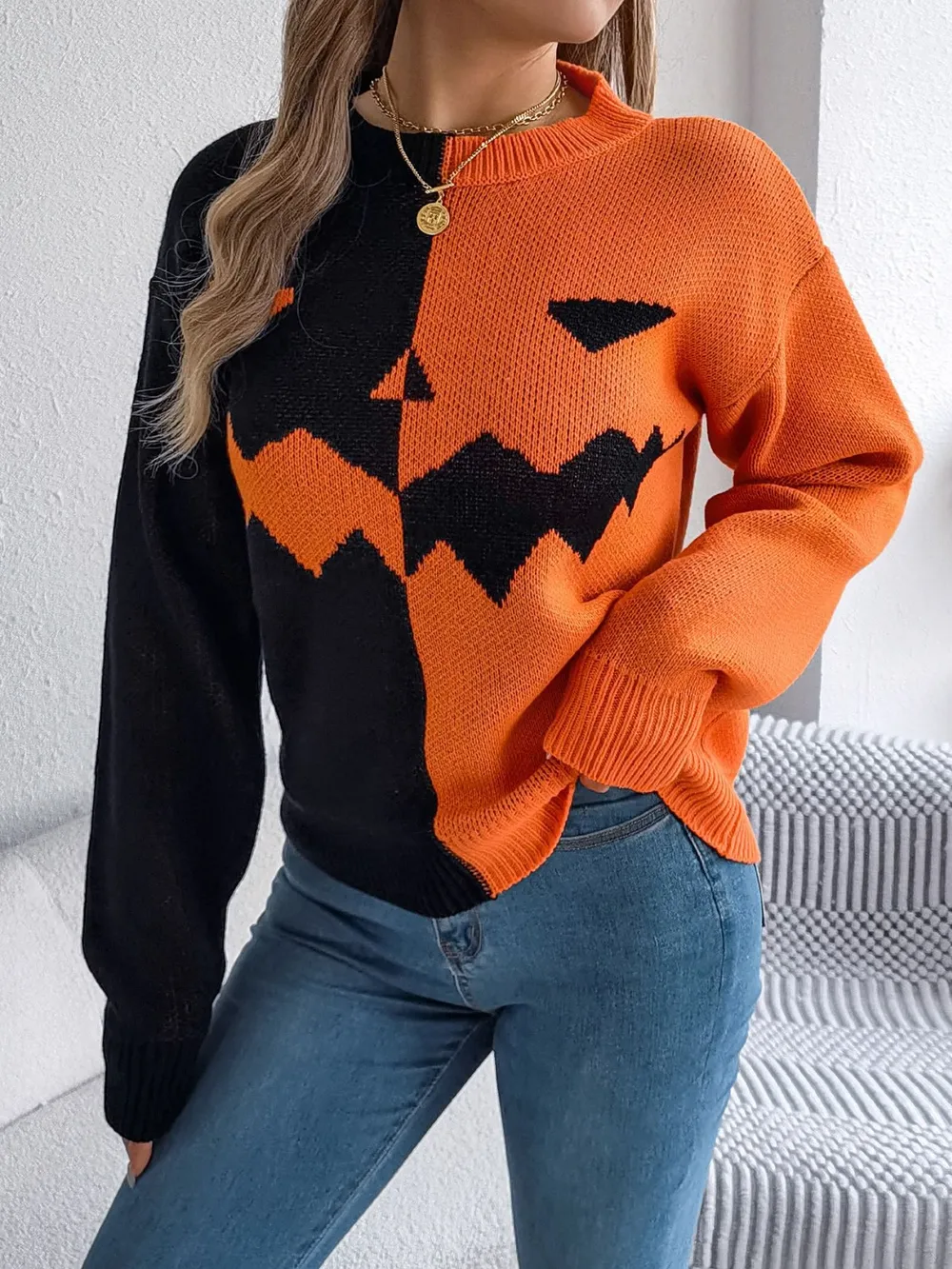 Contrast Round Neck Long Sleeve Sweater, image 4