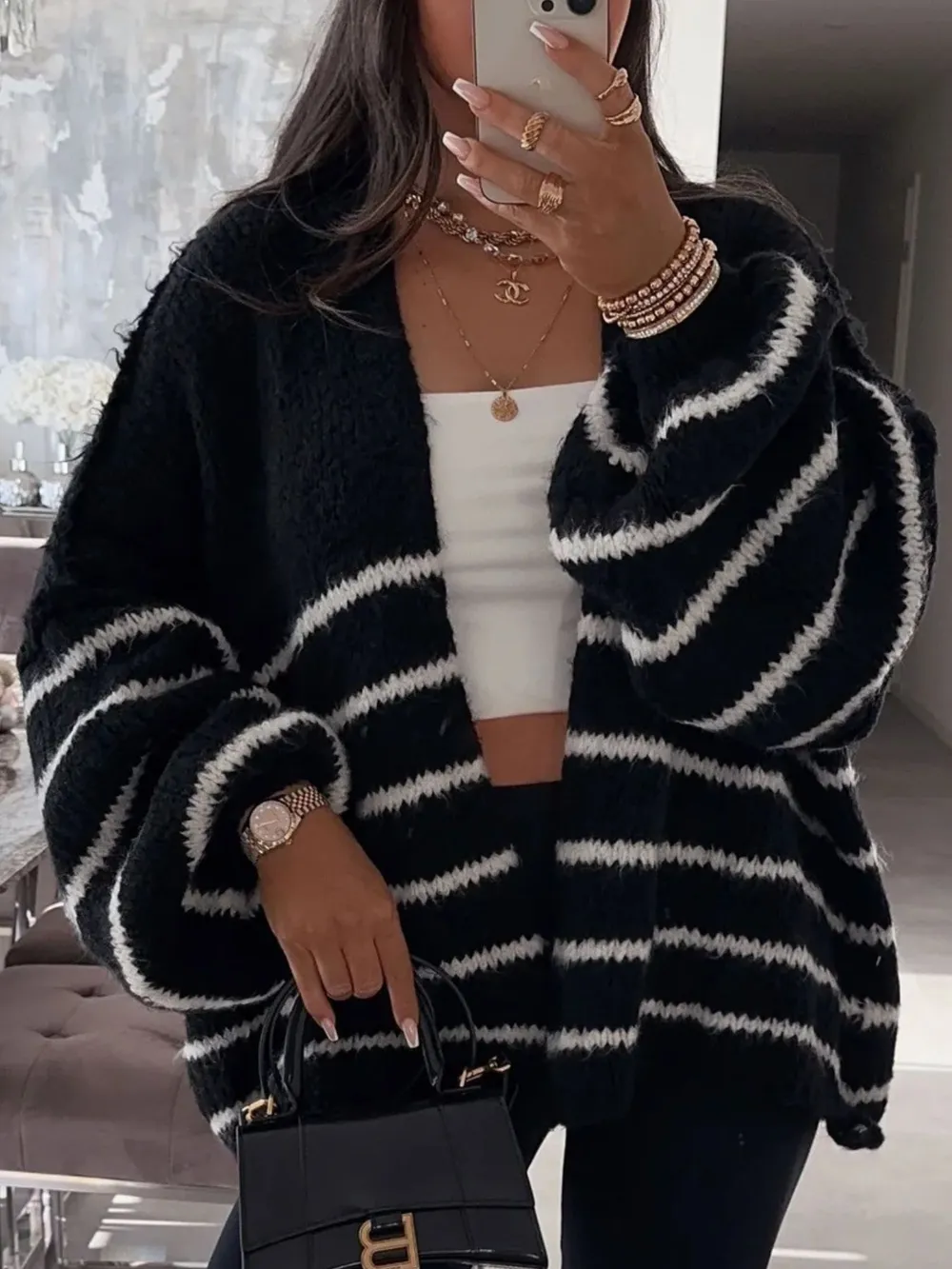 Striped Open Front Dropped Shoulder Cardigan, image 7