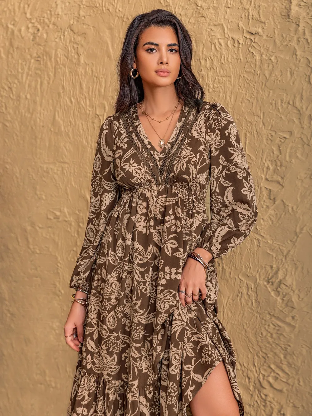 Ruched Printed V-Neck Long Sleeve Midi Dress, image 2