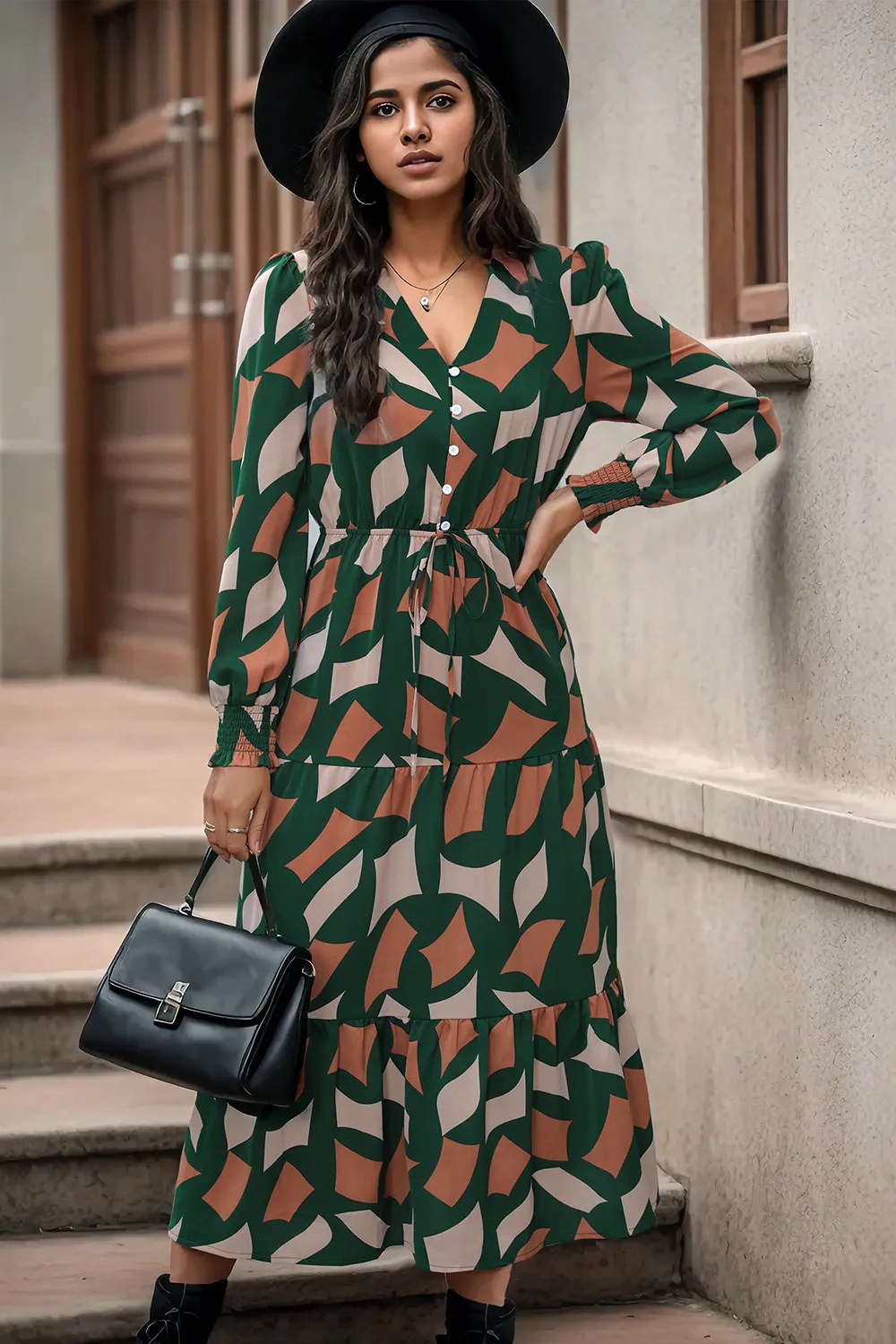 Printed Tied Pocketed Lantern Sleeve Dress, image 2
