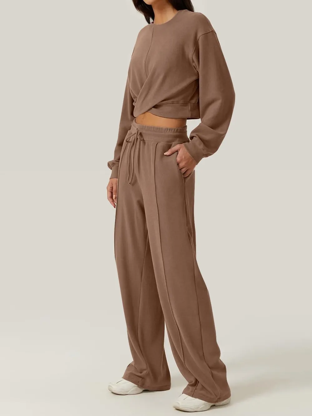 Crisscross Round Neck Top and Drawstring Pants Set, image 4