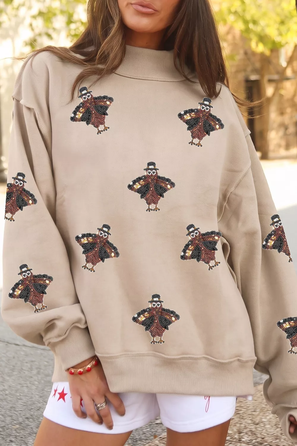 Sequin Turkey Mock Neck Exposed Seam Pullover Sweatshirt, image 4