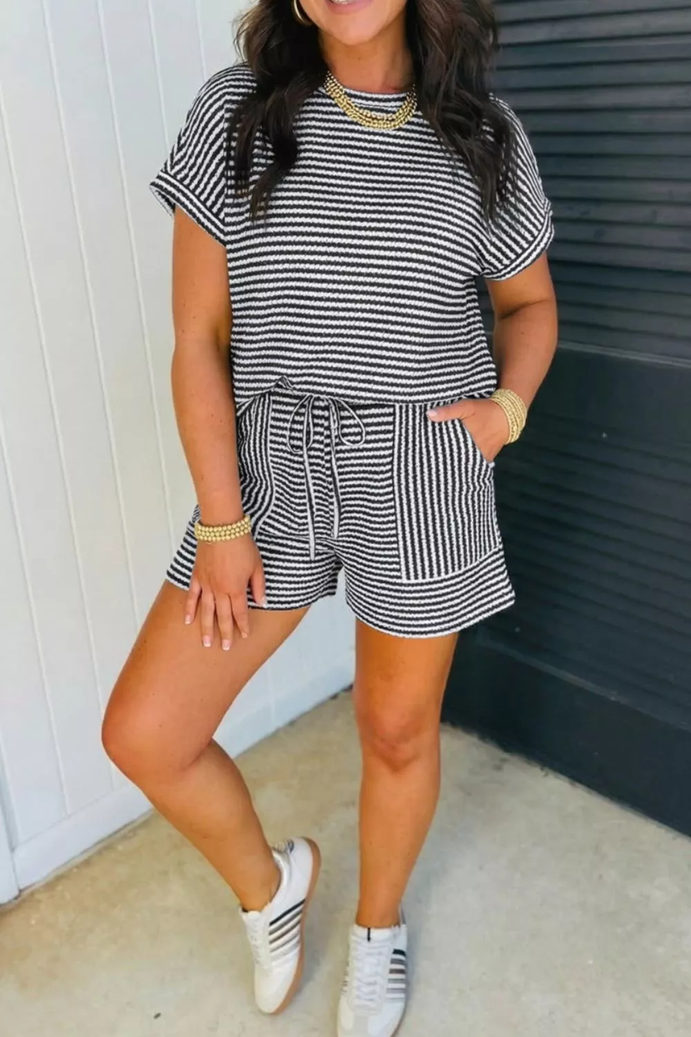 Striped Knit Short Sleeve Tee and Shorts Set, image 5