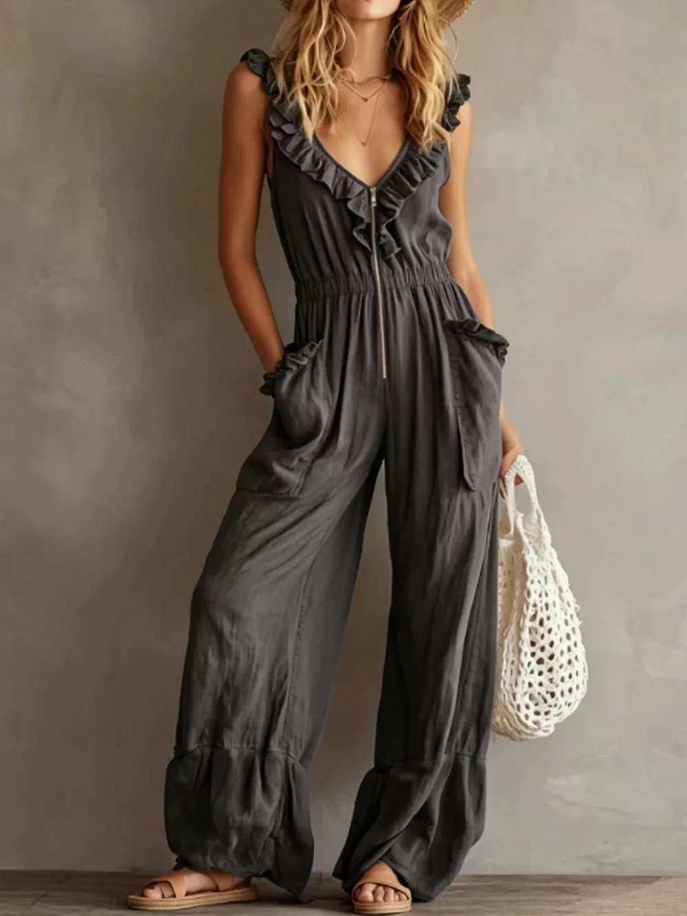 Ruffled V-Neck Wide Leg Jumpsuit, image 29