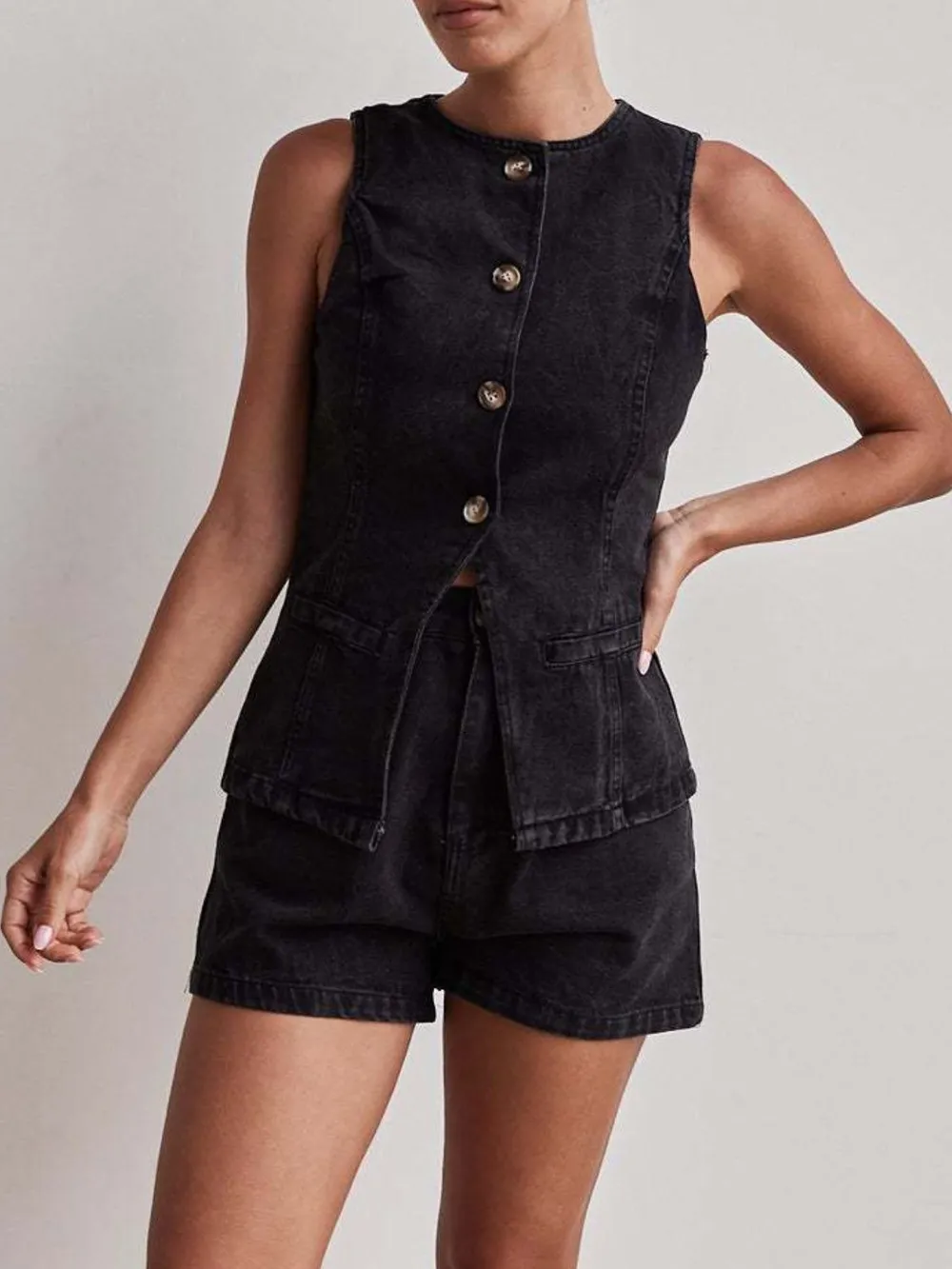 Button Down Vest and Shorts Denim Set, image 16