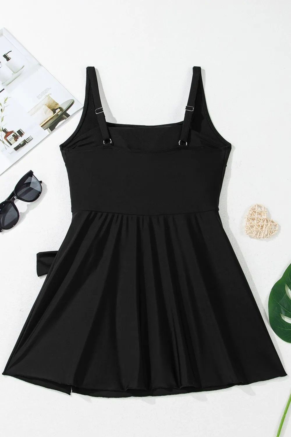 Side Tied Waist Square Neck Adjustable Straps A-line One Piece Swim Dress, image 5