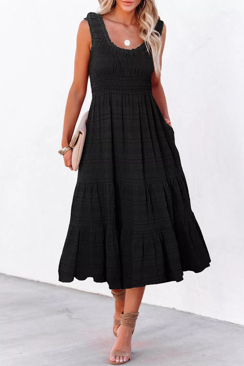 Sleeveless Smocked Tiered Dress with Pockets, image 3