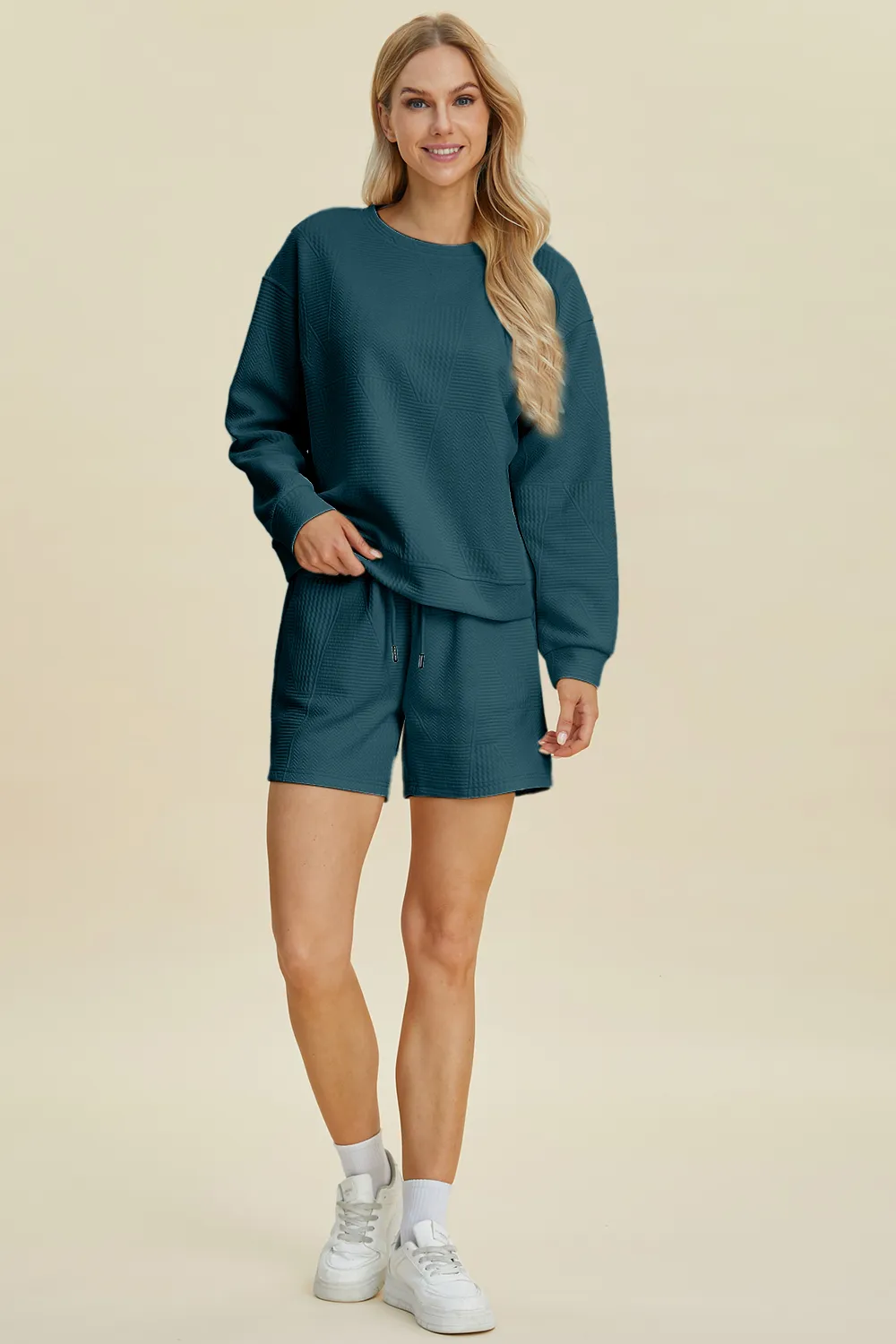 Full Size Texture Round Neck Long Sleeve Top and Shorts Set, image 2