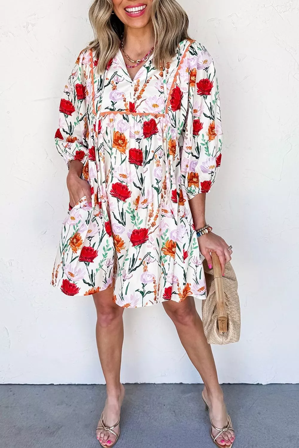 Floral Print 3/4 Puff Sleeve Ricrac Trim Mini Dress, image 2