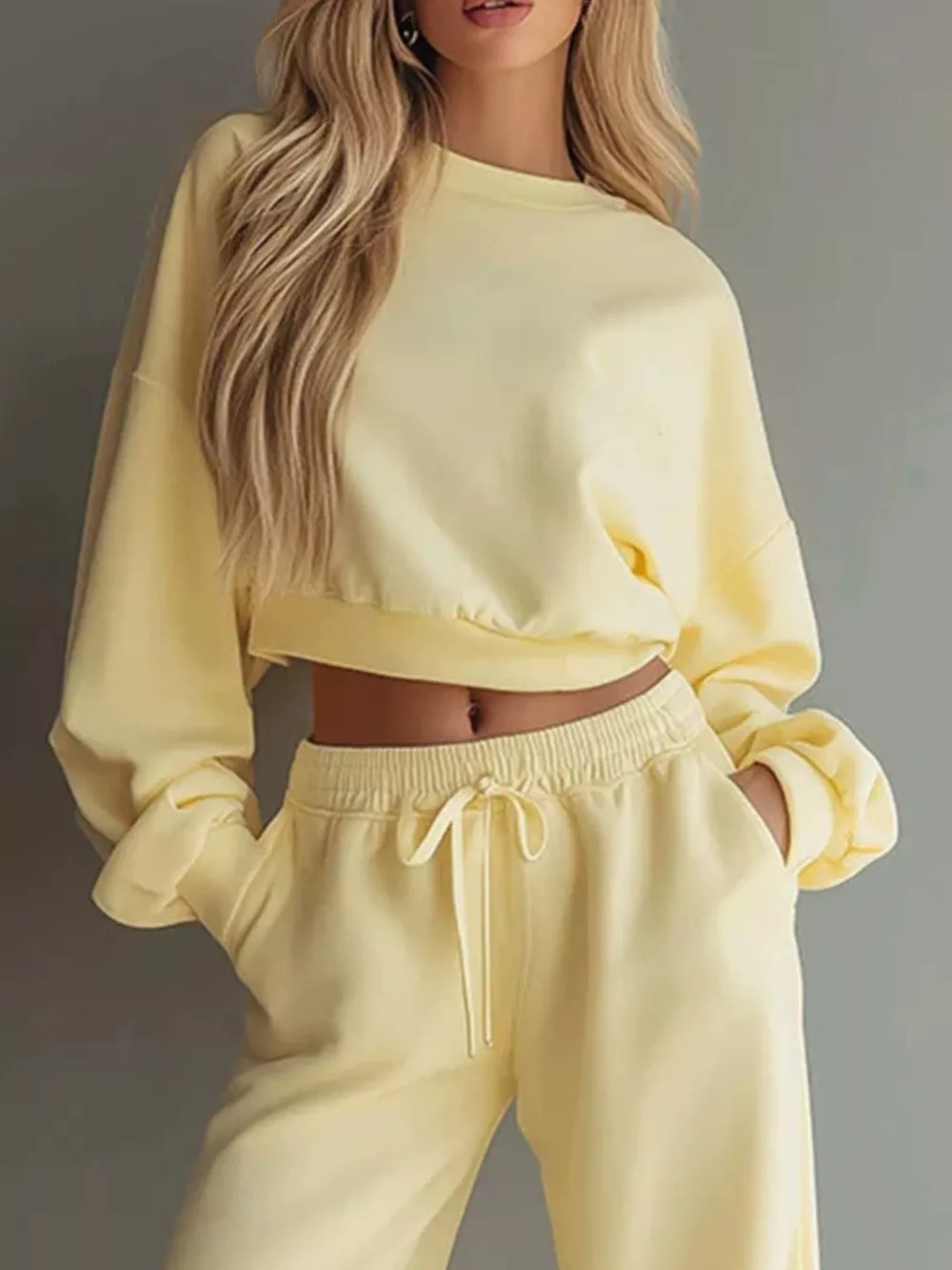 Round Neck Cropped Sweatshirt and Wide-Leg Pants, image 2